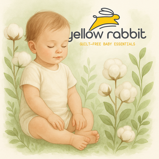 A baby in organic cotton onesie symbolising eco-friendly, guilt-free baby essentials.