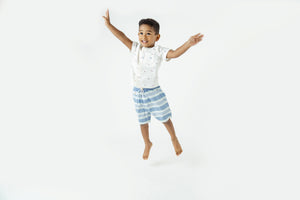 Toddler in cycle print poplin shirt and westside stripes chino shorts