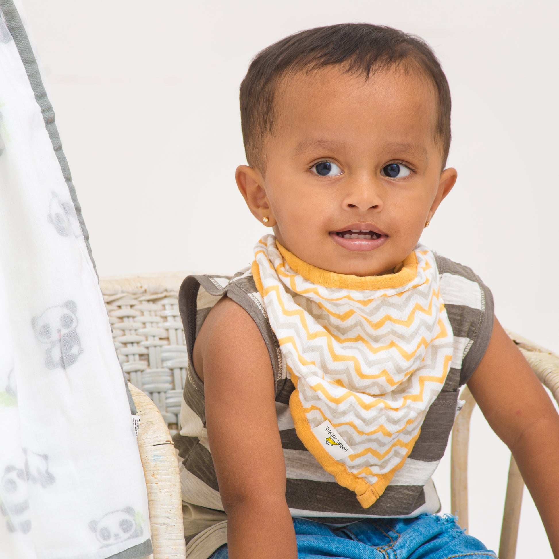 Organic cotton baby bib with cute baby elephant print in white, orange and grey
