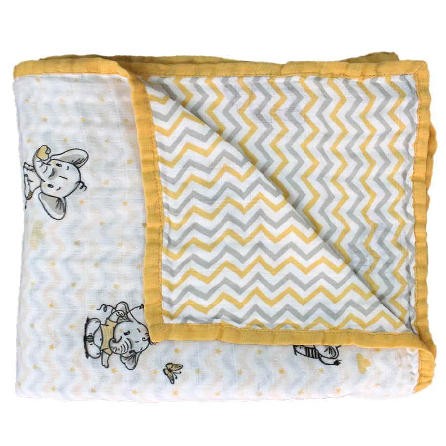 White muslin blanket with range and grey baby elephant print, triple layered organic cotton
