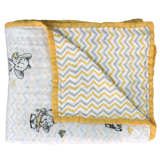 White muslin blanket with range and grey baby elephant print, triple layered organic cotton