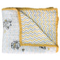 White muslin blanket with range and grey baby elephant print, triple layered organic cotton