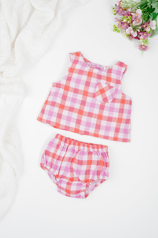 Soft, breathable, organic cotton deep red and muted purple checked infant sleeveless jhabla set with bloomer- for everyday use.
