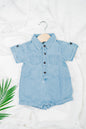 Classic blue denim overalls for babies and toddlers, made from soft organic cotton with front pockets, snap buttons for easy diaper changes.