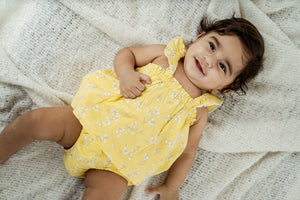 Yellow  ruffle strap top and  bloomer set with white flowers, for infants