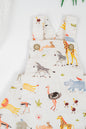 Kids' organic cotton overalls with water colour safari animal print, adjustable strap, and snap buttons for easy changes.