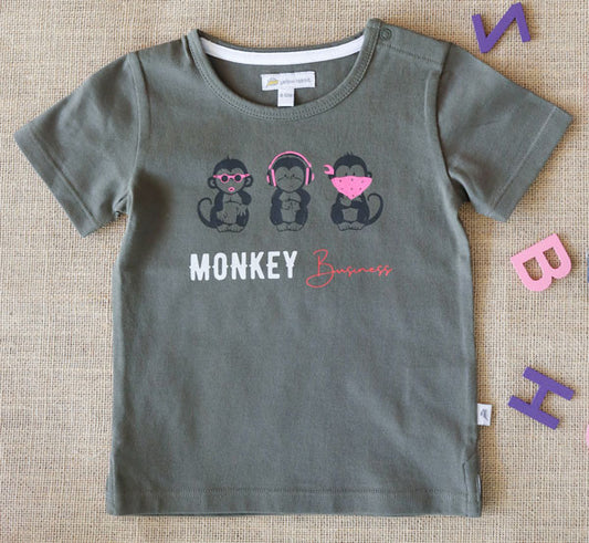 Olive green cotton kids' t-shirt with fun "Monkey Business" monkey print.