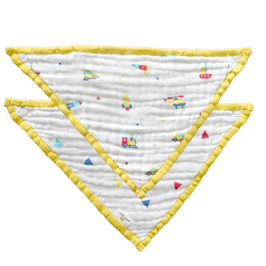 Transport-themed organic baby bib with colourful print