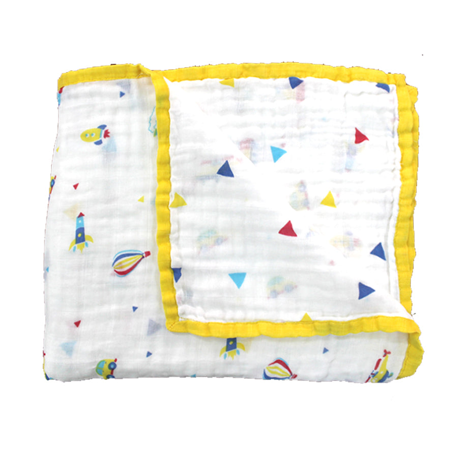 White three-layered muslin baby blanket featuring colourful rockets, helicopters, cars and hot air balloons, made from organic cotton.
