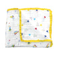 White three-layered muslin baby blanket featuring colourful rockets, helicopters, cars and hot air balloons, made from organic cotton.
