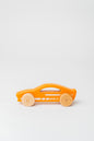 Retro -inspired orange sports car push-pull toy made from safe, durable wood for toddlers.