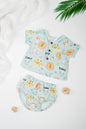 Organic cotton infant jhabla set with sleeves in animal print, paired with matching bloomers- breathable and gentle for newborns and babies.