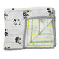 White triple-layer muslin baby blanket with playful baby panda print in black and green, crafted from organic cotton.