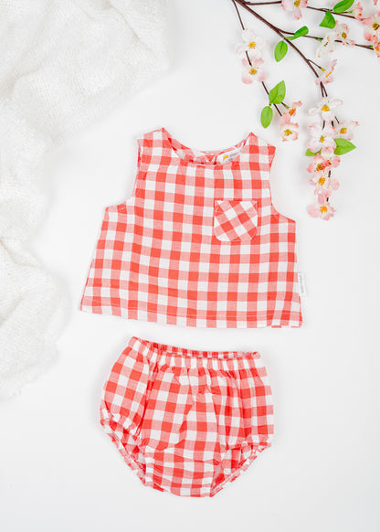 Soft, breathable, organic cotton  in red and white checks infant sleeveless jhabla set with bloomer- for everyday use.