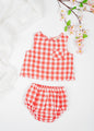Soft, breathable, organic cotton  in red and white checks infant sleeveless jhabla set with bloomer- for everyday use.
