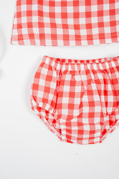 Soft, breathable, organic cotton  in red and white checks infant sleeveless jhabla set with bloomer- for everyday use.