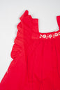 Scarlet red baby dress with ruffled sleeves and white floral and butterfly embroidery, paired with a matching oversized bow - perfect for festive occasion and special events.