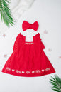 Scarlet red baby dress with ruffled sleeves and white floral and butterfly embroidery, paired with a matching oversized bow - perfect for festive occasion and special events.