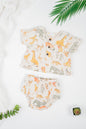 Soft organic cotton infant jhabla set with sleeves and matching diaper cover in Serengeti inspired safari print- cozy and stylish outfit for infants.