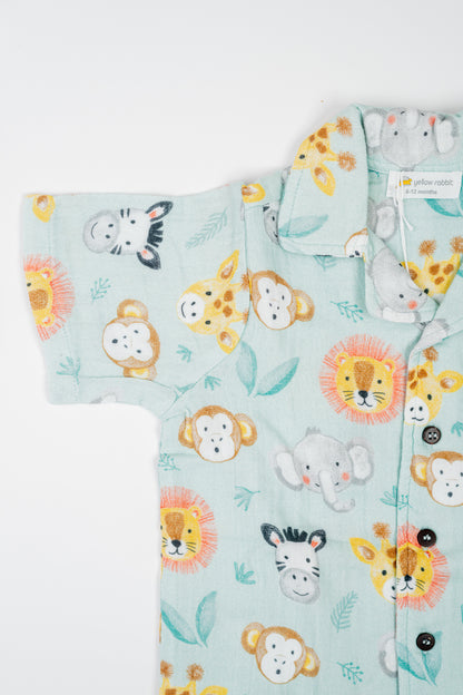 Organic cotton co-ord set with safari animal print, collared shirt, and matching shorts for kids- perfect for everyday wear.