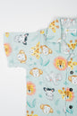 Organic cotton co-ord set with safari animal print, collared shirt, and matching shorts for kids- perfect for everyday wear.