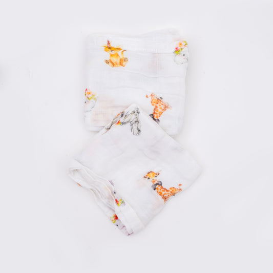 Organic cotton Muslin Squares with savanna animal babies print