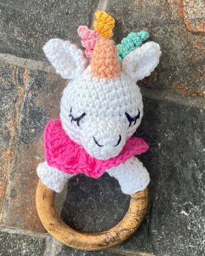 Unicorn crochet teether ring